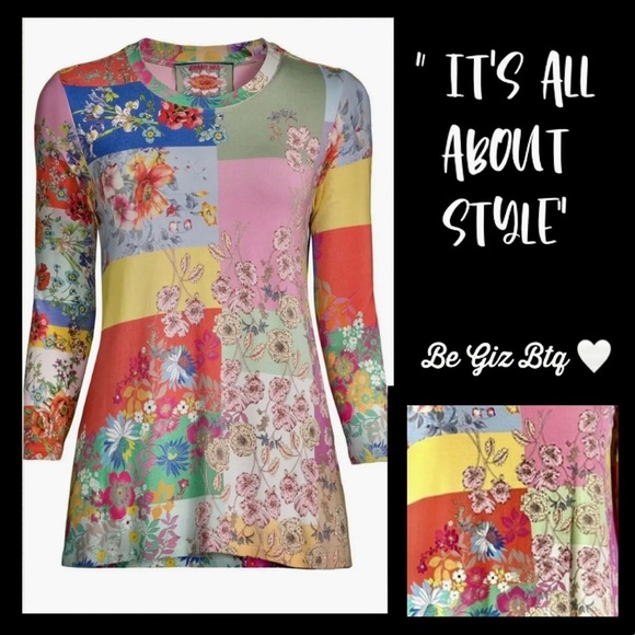 Johnny Was Marcel Lenora Patchwork Tunic Floral Motif Pink & Yellow Size Large - Picture 2 of 12